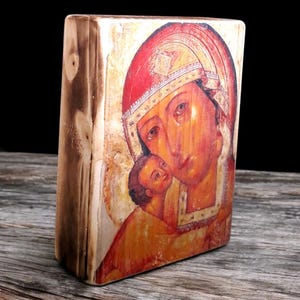 Virgin Mary icon, Greek Christian Orthodox Icon, Mother of God Byzantine Art, Theotokos Handmade Wood Plaque, Rustic Wood Block