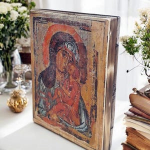 Russian Religious Symbol, Antique Russian wood board, Vyshhorod Icon of the Mother of God, Vladimir Mother of God,