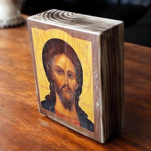 Synthetische geschnittene und geschnittene Holzblock-Religion, rustikaler Foto-Transferdruck auf Holz, rustikaler Foto-Druck, rustikale Dekoration