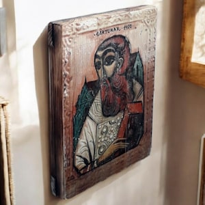 Handmade Orthodox Christian Greek Icon,  Religious Wooden Wall Art,  Rustic Home Decor,
