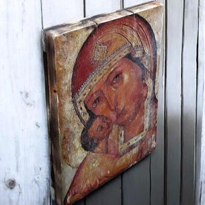 Icon of Virgin Mary and Child – Religious Wall Art with Rustic Finish, Religious Icon, Orthodox Wood Print, Handcrafted Wooden Print