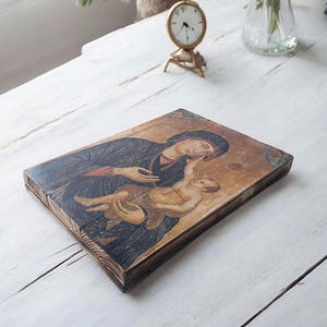 Virgin Mary Icon, Religious Symbol, Antique Russian wood board, Russian Orthodox, Rustic wood decor, Religious gifts