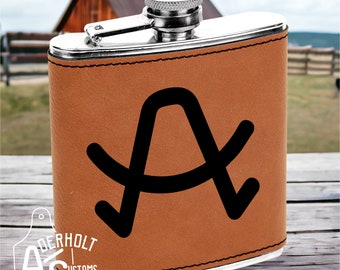 Branded Flask - Add Your Cattle Brand or Logo - Western Stainless Steel Whiskey Flask - 6 Oz Leatherette Wrapped Cowboy Flask - Wedding Gift