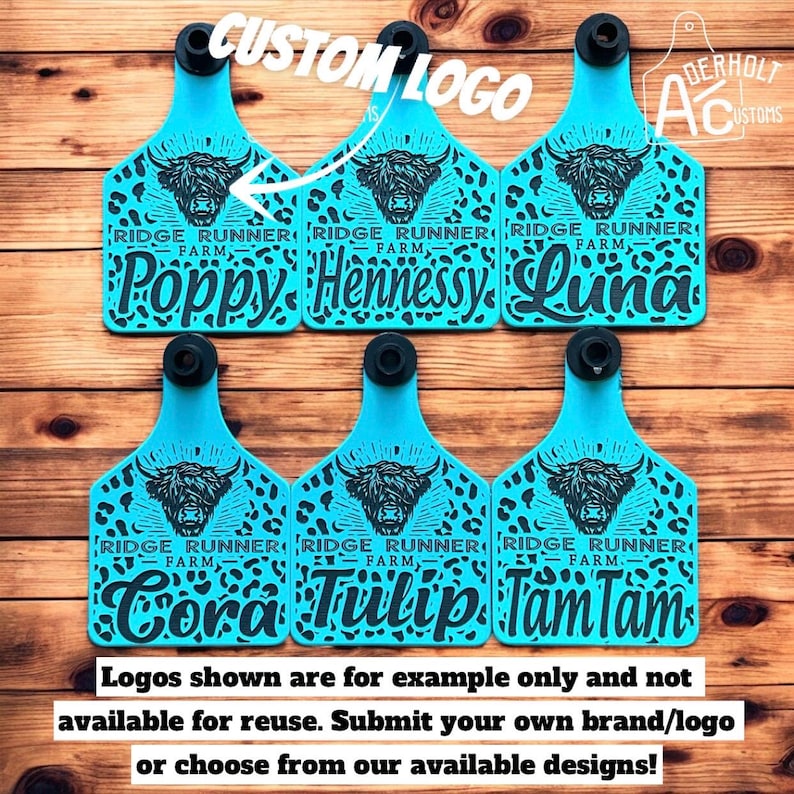 May include: Six turquoise livestock ear tags featuring a black leopard print pattern and a highland cow graphic. Each tag displays the text Ridge Runner Farm and a unique name: Poppy, Hennessy, Luna, Cora, Tulip, or TamTam, with black attachment holes.