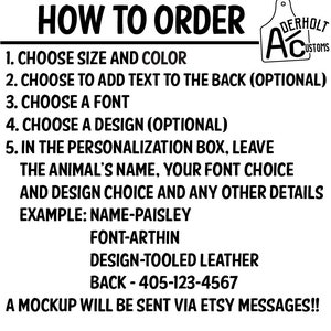 May include: A black and white instructional graphic titled HOW TO ORDER with a logo for Aderholt Customs. It lists five steps for customization, including choosing size, color, font, and design, plus instructions for the personalization box.