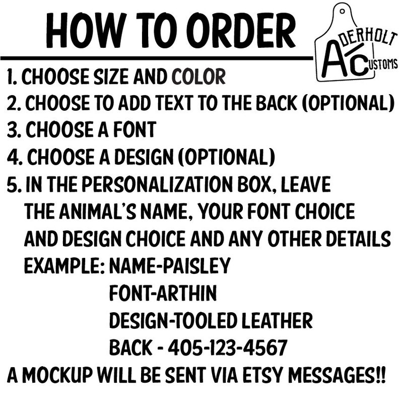 May include: A black and white instructional graphic titled HOW TO ORDER with a logo for Aderholt Customs. It lists five steps for customization, including choosing size, color, font, and design, plus instructions for the personalization box.