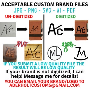 Puede incluir: Un gr&aacute;fico que muestra la diferencia entre los archivos de marca personalizados digitalizados y no digitalizados. La imagen muestra ejemplos de logotipos en ambos formatos. El texto dice: "Archivos de marca personalizados aceptables JPG - PNG - SVG - AI - PDF No digitalizado Digitalizado Si env&iacute;a un archivo de baja calidad, el resultado ser&aacute; de baja calidad. Si su marca no est&aacute; digitalizada, puedo ayudarlo. &iexcl;Env&iacute;eme un mensaje para obtener m&aacute;s detalles! Puede enviar su marca/logotipo por correo electr&oacute;nico a aderholtcustoms@gmail.com"