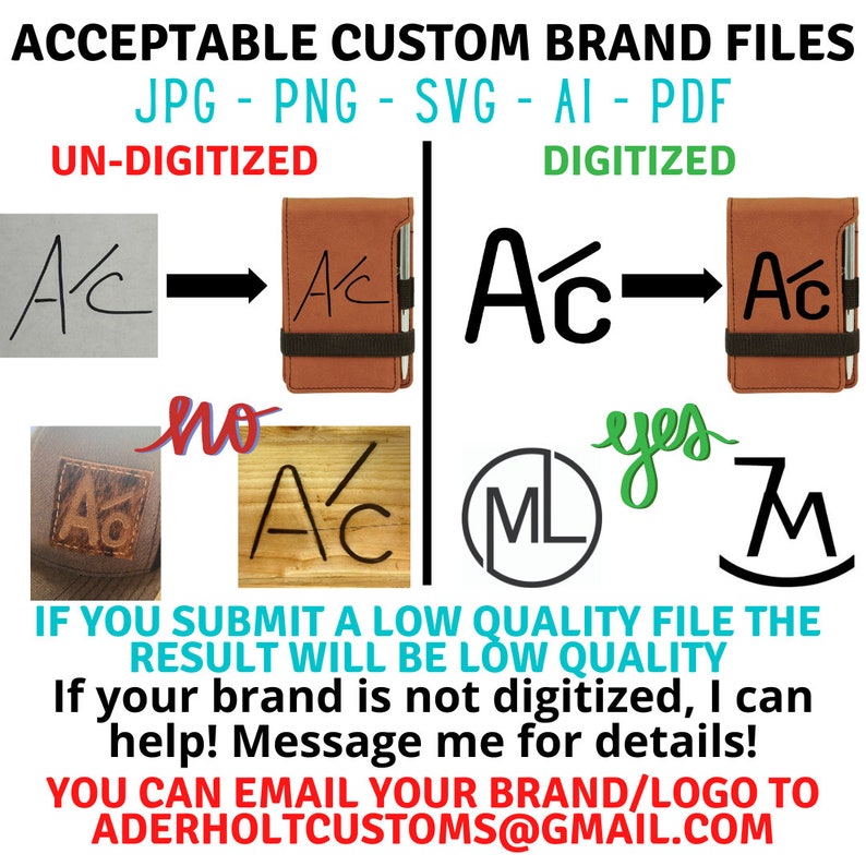 Puede incluir: Un gr&aacute;fico que muestra la diferencia entre los archivos de marca personalizados digitalizados y no digitalizados. La imagen muestra ejemplos de logotipos en ambos formatos. El texto dice: "Archivos de marca personalizados aceptables JPG - PNG - SVG - AI - PDF No digitalizado Digitalizado Si env&iacute;a un archivo de baja calidad, el resultado ser&aacute; de baja calidad. Si su marca no est&aacute; digitalizada, puedo ayudarlo. &iexcl;Env&iacute;eme un mensaje para obtener m&aacute;s detalles! Puede enviar su marca/logotipo por correo electr&oacute;nico a aderholtcustoms@gmail.com"