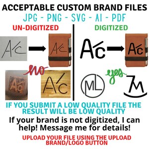 May include: An informational graphic titled ACCEPTABLE CUSTOM BRAND FILES JPG - PNG - SVG - AI - PDF. It displays examples of un-digitized versus digitized logos, showing how file quality affects the final engraving on leather items.