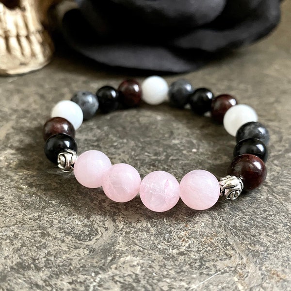 Dark Lilith bracelet, Dark Goddess, Shadow work, Pagan jewelry, Occult jewelry, Dark Moon Goddess, Rose Quartz, Moonstone, Magical gift