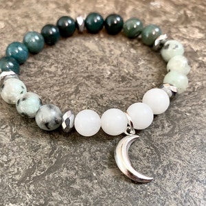 Moon Bracelet, Heart Chakra bracelet, Moonstone Crystal bracelet, Moon Jewelry, Moon Phases, Moon bracelet, Moss Agate, Moon lover gift