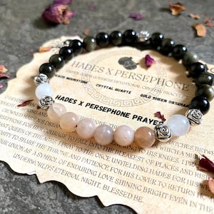 Hades and Persephone 6mm Bracelet, Moonstone + Obsidian + Quartz, Dark romance, Greek Mythology, Hades and Persephone Jewelry. Pagan Gift