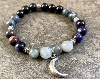 Mystic Labradorite Moon Bracelet, Rainbow Tiger's Eye, Black Moonstone, Obsidian, Protection bracelet, Therapy bracelet, Healing bracelet