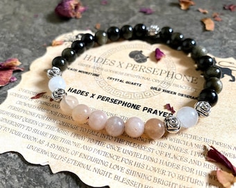 Hades and Persephone 6mm Bracelet, Moonstone + Obsidian + Quartz, Dark romance, Greek Mythology, Hades and Persephone Jewelry. Pagan Gift