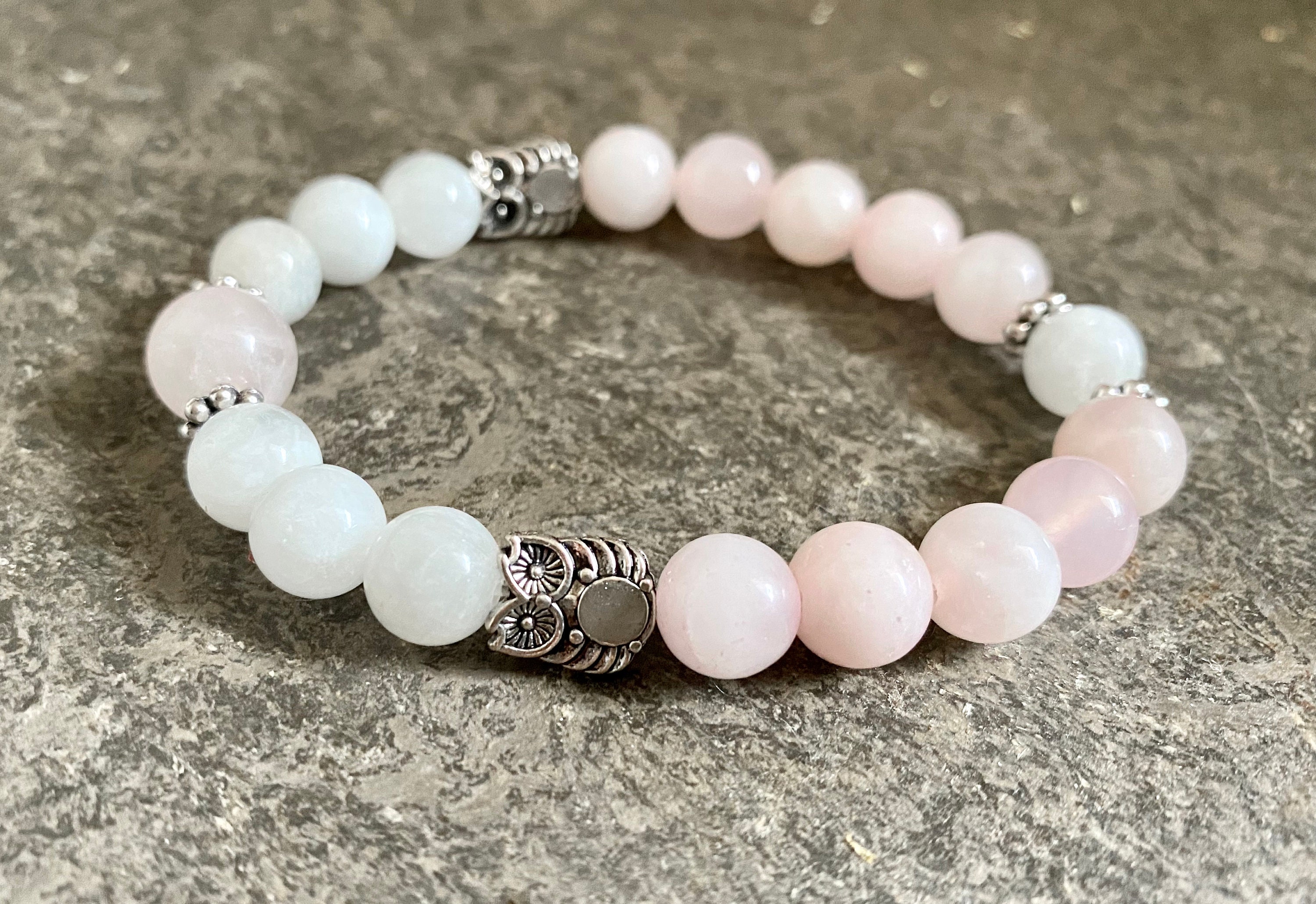 Owl Moonstone Rose Quartz beaded Bracelet, Owl beaded bracelet, Owl Jewelry, Crystal beaded bracelet
