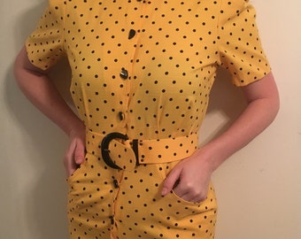 Vintage 1980s Algo Yellow and Black Polka Dot Belted Wiggle Dress with Pockets