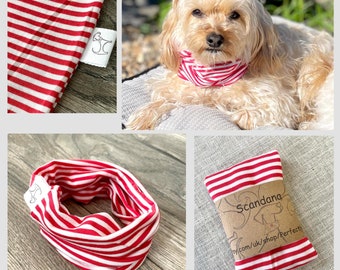 dog snood scarf scandana stretchy jersey infinity scarf dog neck wear red and white stripe  Scan039