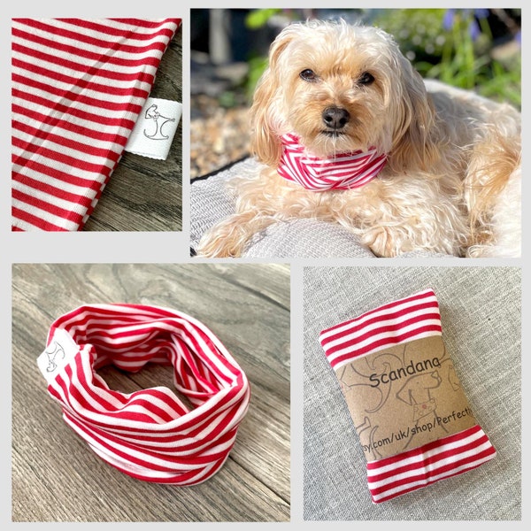 dog snood scarf scandana stretchy jersey infinity scarf dog neck wear red and white stripe  Scan039