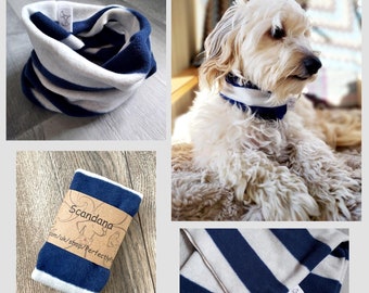 dog snood micro fleece warm infinity scarf dog neck wear scandana blue and white stripe Scan18