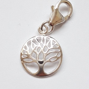 Sterling Silver Tree of Life Clip On Charm, Round Domed with Lobster Clasp, Attach to Bracelet