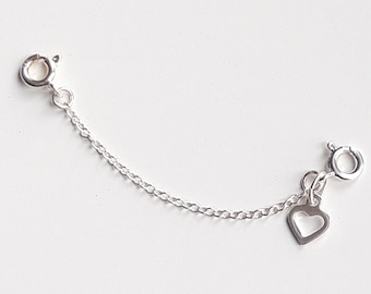 Sterling Silver Safety Chain with Open Heart, Trace Chain, 2 x Clasps - 1" to 8"