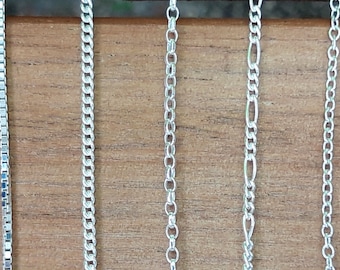 925 Sterling Silver Chain Necklace, Bracelet or Anklet - Box Curb Belcher Figaro Trace 6" to 30"