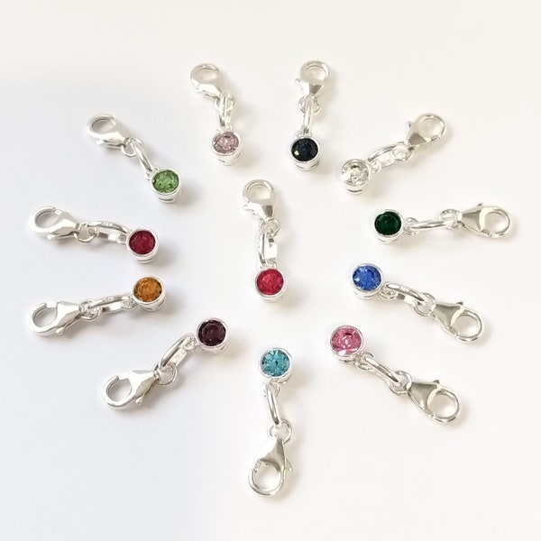 Sterling Silver Birthstone Charm with Lobster Clasp - Clip Attach to Bracelet