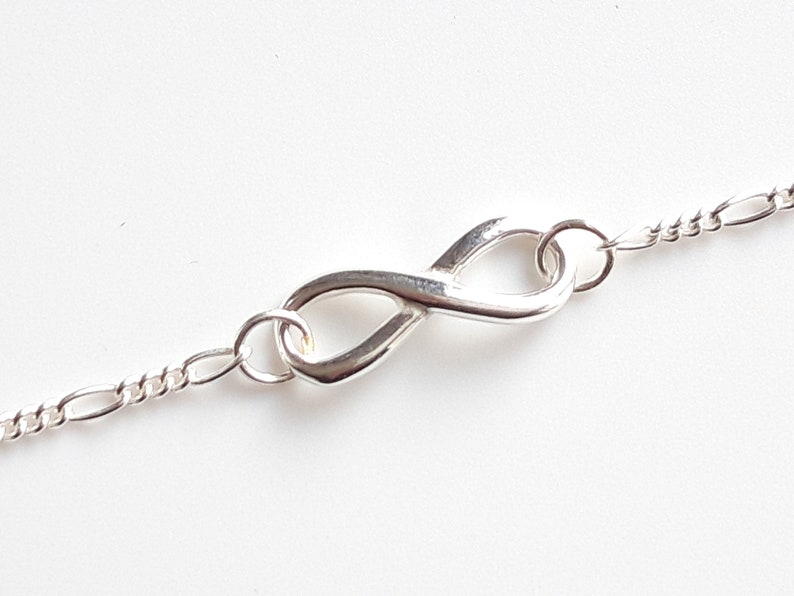 Sterling Silver Infinity Charm Bracelet, Figaro Chain, Any Length 6 to 9 image 3