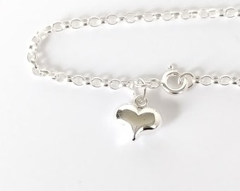 Sterling Silver Bracelet or Anklet with Puffed Heart Charm, Belcher Chain 2.3mm Wide and Any Length 6" to 12"