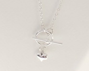 Sterling Silver T Bar Toggle Clasp Pendant Necklace With Puffed Heart Charm , 16" or 18" Chain