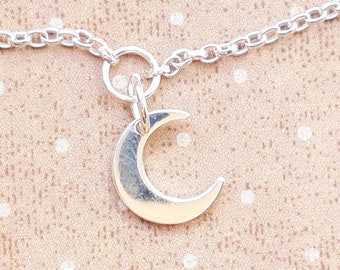 Sterling Silver Moon Charm on Belcher Chain - Bracelet or Anklet - Any Length 6" to 12"