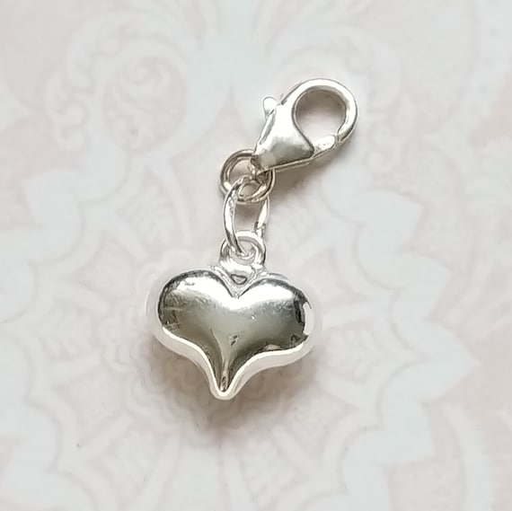 Sterling Silver Heart Charm 11mm Puffed Style Clip-on with Lobster for Bracelets, Jewellery Gifts