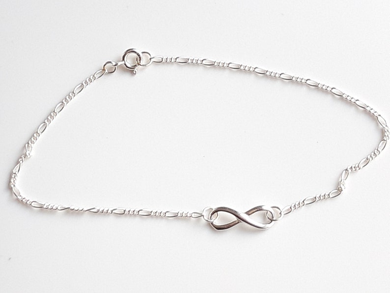 Sterling Silver Infinity Charm Bracelet, Figaro Chain, Any Length 6 to 9 image 2