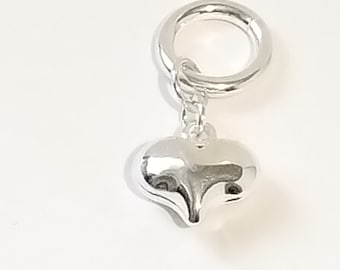 Sterling Silver Heart Charm Dangle Add on, 11mm Puff Style Heart, Large Runner Ring, Thread on to Bracelet or Necklace Chain