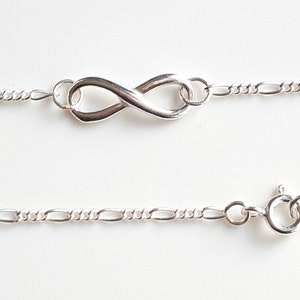 Sterling Silver Infinity Charm Bracelet, Figaro Chain, Any Length 6 to 9 image 1