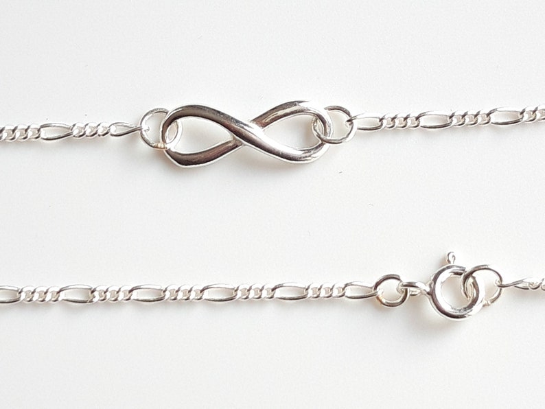 Sterling Silver Infinity Charm Bracelet, Figaro Chain, Any Length 6 to 9 image 1