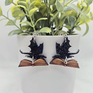 Dragon book earrings, dragon earrings, book earrings, dangle earrings, bookish gift, dragon reader, gifts for her