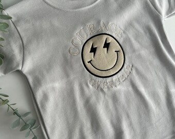 Kids Appliqué Smiley Courage over Fear Embroidered T-shirt | Checkered | Toddler Fashion | Check | Custom Design | Boys | Girls