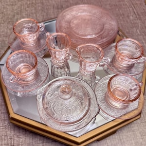 Vintage 16 pcs of  Mosser pink glass mini child tea set