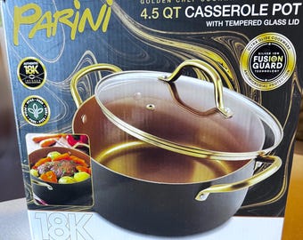 Cacerola Parini Golden Chef de 4,5 cuartos de galón con tapa de vidrio templado.