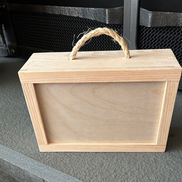 Wooden Treasure box with sliding cover & rope handle, Childs Sliding Lid Box