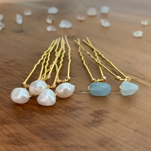 Algo azul, delicada perla barroca y aguamarina conjunto de alfileres de pelo de cristal plata u oro imagen 4