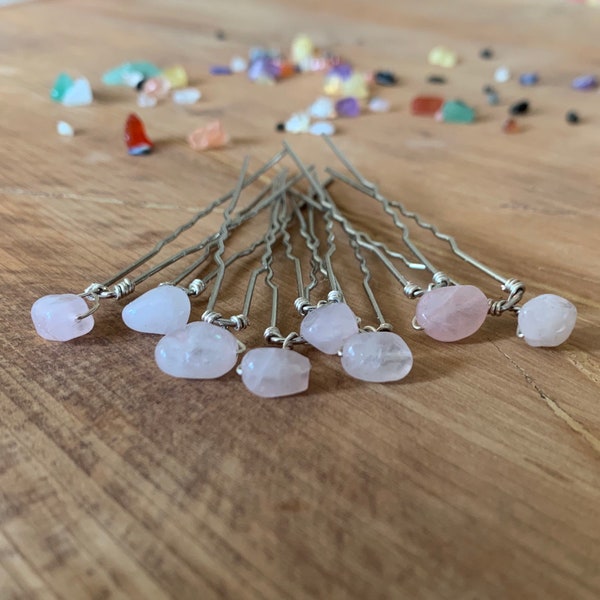 Set of Rose Quartz hair pins, small raw gemstone hair pin available in numbers of 4,8,12 or 16 - Silver or Yellow Gold