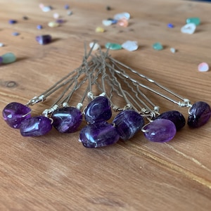 Set of dark purple Amethyst hair pins - Available in sets of 4,8,12,16 - Yellow Gold or Silver