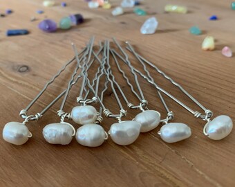 Set of Natural White Freshwater Baroque Pearl Hair Pins - Available in sets of 4,8,12 or 16 - Silver or Yellow Gold