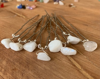 Set of moonstone hair pins, small raw gemstone hair pins available in numbers of 4,8,12 or 16 - Silver or Yellow Gold