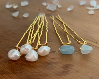 Something Blue, Dainty Baroque Pearl and Aquamarine set of Crystal Hair pins - Silver or Gold