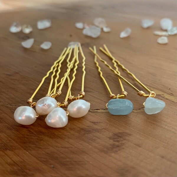 Something Blue, Dainty Baroque Pearl and Aquamarine set of Crystal Hair pins - Silver or Gold