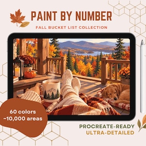 以下が含まれることがあります： Paint by Number Fall Bucket List Collectionというタイトルのデジタル数字塗り絵セット。画面には、マグカップ、犬、風景が描かれた秋のポーチのシーンが表示されています。60色、10,000エリアが含まれており、Procreateに対応しています。