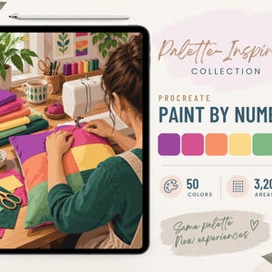 Könnte beinhalten: Eine digitale Illustration auf einem Tablet-Bildschirm zeigt eine Person, die ein buntes Patchwork-Kissen näht. Der Text lautet Palette-Inspired Collection, Procreate Paint by Number, 50 colors, 3.200 areas und Same palette New experiences. Ein Eingabestift liegt über dem Tablet.